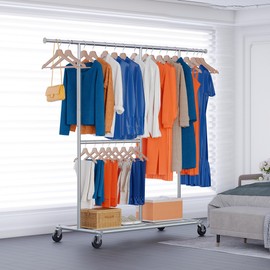 HOKEEPER Clothes Rack, Clothing Rack for Hanging Clothes Heavy Duty Garment Rack with Wheels Commercial Portable Freestanding Closet Rack with Shelves for Bedroom, Living Room, Laundry, Balcony, White