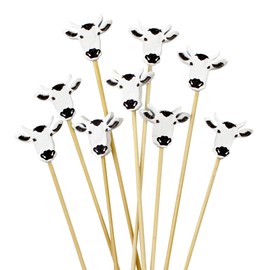 BambooMN 3.9 Inch Fancy Cow Cocktail Appetizers Bamboo Toothpick Picks, Stirrer Sticks for Fruit Party, Charcuterie Accessories and Drinks, 300 Pieces