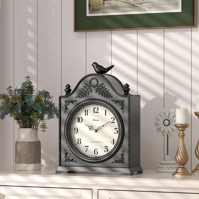 ChimeTide Vintage Bird Mantel Clock with Hidden Safe, Antique Black