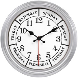JENLYSTIME 12 Inch Retro Wall Clock,Classic Day of The Week Wall Clock,Silent Non Ticking Battery Operated Movement(Silver)