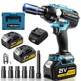 HECUSAM 1/2" Cordless Impact Wrench, 1000N.m (740Ft-lbs) Brushless Impact Gun, 2x4.0Ah Batteries, Max 2700RPM with Reverse Auto-Stop & LED Light for Car Truck Lug Nuts, Auto Repair, Industrial & DIY
