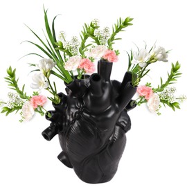 Heart Vase Flowers 3D Anatomical Decorative Resin Modern Style Decor for Living Room Bookshelf Diningroom Home 6.7 Inch (Black)