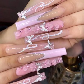24Pcs Pink French Tip Press on Nails Long Square Fake Nails with Silver Glitter Butterfly Charms Designs Pink Flower Full Cover Artificial Glue on Nails Reusable False Nails for Women DIY Nails Art