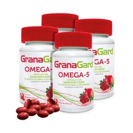 Tetra Pack GranaGard Omega 5 60 cáps. con Nanotecnología. Cápsulas de aceite de semilla de granada. Antioxidante natural potenciado por la nanotecnología. (4 frascos con 60 cápsulas)