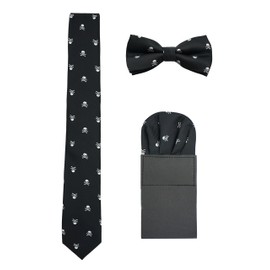 Men's Bowtie & 6cm Narrow Necktie & Pocket Squares 3 in 1 Sets - Silver Skull Pattern Black