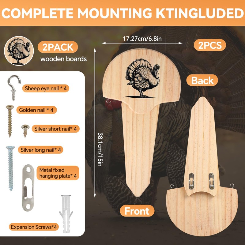 2 Pack Turkey Fan Mount Kit Wooden Wall Mounted Turkey