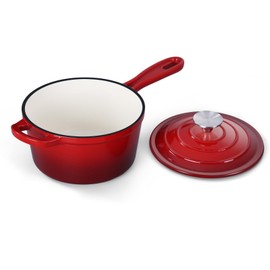 Onader Enameled Cast Iron Sauce Pan 1QT Small Saucepan with Lid Cast Iron Sauce Pot Enamel Dutch Oven Nonstick & Heavy Duty – Red