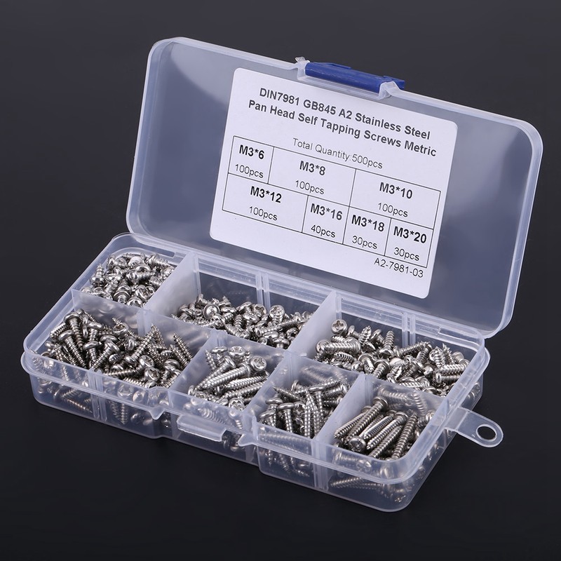 500PCS M3 Cross Drive Button Head Self Tapping Screws Assortment