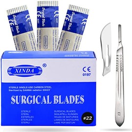 VISION TEK MED Pack of 100 Blades #22, Scalpel Blades for Knife Scalpel, High Carbon Steel Dermablade Blades. Individually Wrapped, Sterile + Free 1 Handle #4