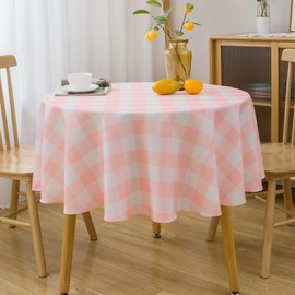 VEDACHIC Pink Checkered Tablecloth 60" Round Table Cloth – Pink and White Gingham Buffalo Plaid Polyester Table Cover Washable Reusable Water Resistant for Outdoor Picnic Party Kitchen Dinning