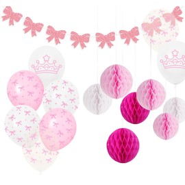 Bow Balloons Set with Bow Banner and Pink Honeycomb Balls Bow Party Decoration for Bow Theme Birthday Party, Bridal Engagement Decor, Coquette Cute Supplies