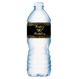 Etiquetas negras para botellas de agua de 90 cumpleaños, juego de 20 envolturas impermeables para botellas de agua, oro y negro, etiquetas de feliz cumpleaños, fabricadas en Estados Unidos.