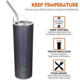 THILY Stainless Steel Vacuum Insulated Tumbler 22 oz Skinny Travel Cup with Lid and Straw, Splash-proof, Reusable, Durable, for Coffee, Cocktails, Glitter Gray