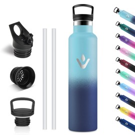 Vikastar Stainless Steel Drinking Bottle, Thermos Flask, 1 Litre, BPA-Free Drinking Bottle, Thermos Bottle with Straw, Drinking Bottle for School, Sports, Bike, Camping, Sky Blue & Dark Blue