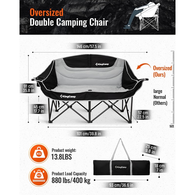 KingCamp Oversized Double Camping Chair, Heavy Duty 880lbs with Padded