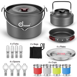 Odoland 22pcs Camping Cookware Mess Kit, Large Size Hanging Pot Pan Kettle with Base Cook Set for 4, Cups Dishes Forks Spoons Kit for Outdoor Camping Hiking Picnic