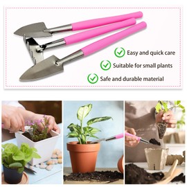 LuckyOpt Mini Gardening Tools, 3Pcs Stainless Succulent Tools Kit Shovel Rake Trowel, 2 Colors Hand Shovel for Gardening for Indoor Small Plants, Succulents, Potted Plants, Bonsai (Pink)