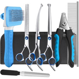 Professional Dog Grooming Scissors Set, 8-in-1 Stainless Steel Pet Grooming Kit with Hair Comb, Nail Clipper & Brush for Dogs, Cats at Home
