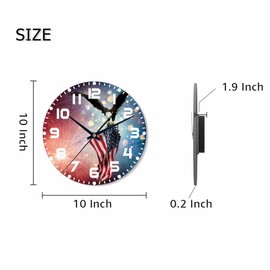 NOMEDOGYIM Eagle with American Flag Wall Clock 10 inch Round Silent Non Ticking Wood Wall Clocks Battery Operated Easy to Read Decorative Wall Clock for Bedroom Kitchen Living Room Bathroom