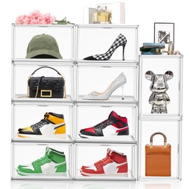 DAYOOH 10Pack Large Shoe Storage Box Acrylic Shoe Organizer Clear Plastic Stackable Shoe Display Case Sneaker Storage for Sneakerhead Shoe Rack Containers wtih Magnetic Door, Shoe Box Size 13