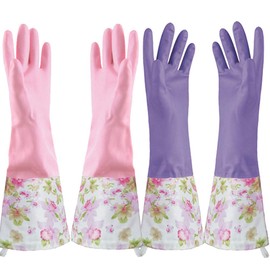 KINGFINGER Rubber Latex Gloves Waterproof Long Cuff and Flock Lining Household Cleaning Gloves 2 Pairs Large