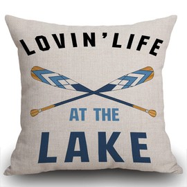 Smooffly Black Blue Word Art Quote Loving Life at The Lake Wooden Paddle Oar Summer Decorative Cushion Cover Throw Pillow Cover Case Home Living Room Bed Sofa Car Cotton Linen Square 18 x 18 Inches