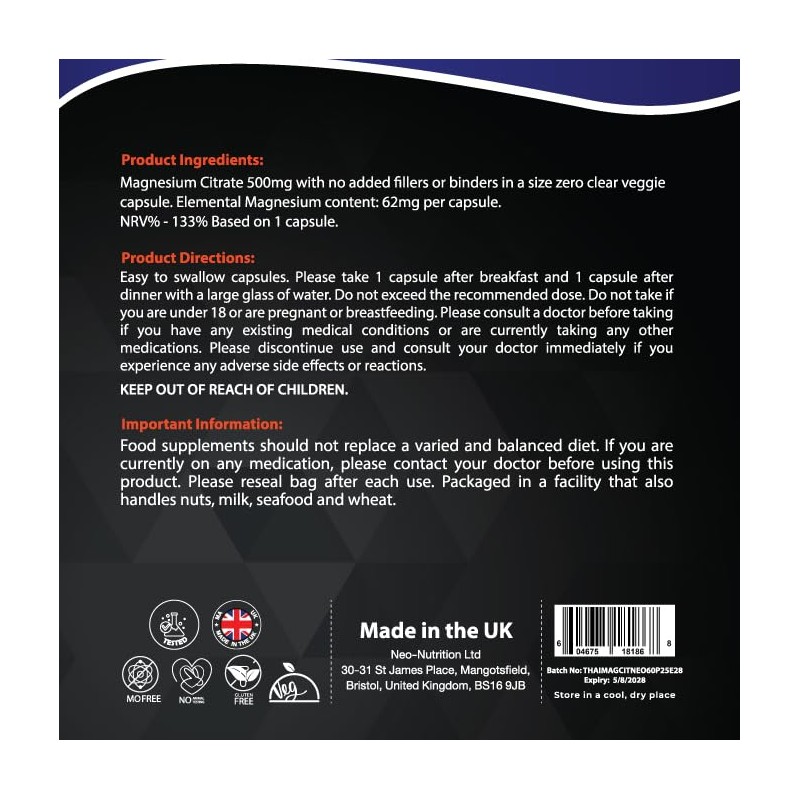 Magnesium Citrate 500MG for Calm, Relaxation, Constipation & Digestion Health