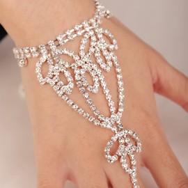 YERTTER Dainty Lotus Flower Rhinestone Crystal Hand Chain Slave Harnss Bracelet Finger Chain Bangle Bracelet Silver Gold Hand Chain Ring Link Bracelet for Wedding Women (Style 7)