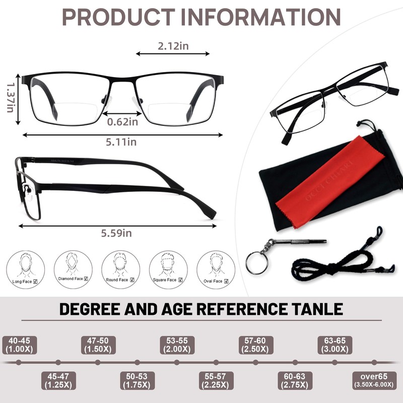 OCCI CHIARI Bifocal Reading Glasses for Men 2.25 Blue Light