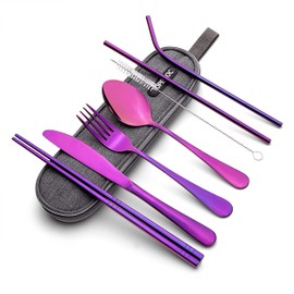 (Purple) - Portable Stainless Steel Flatware Set, Travel Camping Cutlery Set, Portable Utensil Travel Silverware Dinnerware Set with a Waterproof Case (Purple)