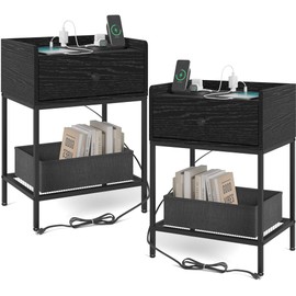 Y&M Nightstand with Charging Station and USB Ports Set of 2, Side End Table with Drawer, Modern Bedside Tables Night Stand Storage Shelf for Small Spaces, Bedroom, Living Room - Black