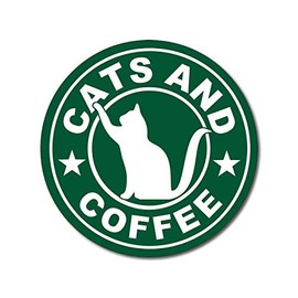 Magnet 4x4 inch Green Round Cats and Coffee Sticker (Funny starbuck Style Logo Kitty) Magnetic Magnet Vinyl Sticker