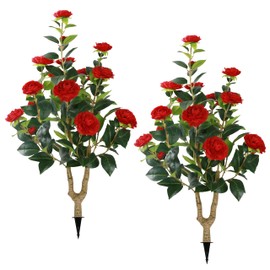 Sunnyglade 2 Packs 35.5" Artificial Camellia Tree, Faux Red Camellia Flowers Plant with Spike, Fake Greenery Tree for Spring Home Front Door Outdoor Indoor Decoration (Red)