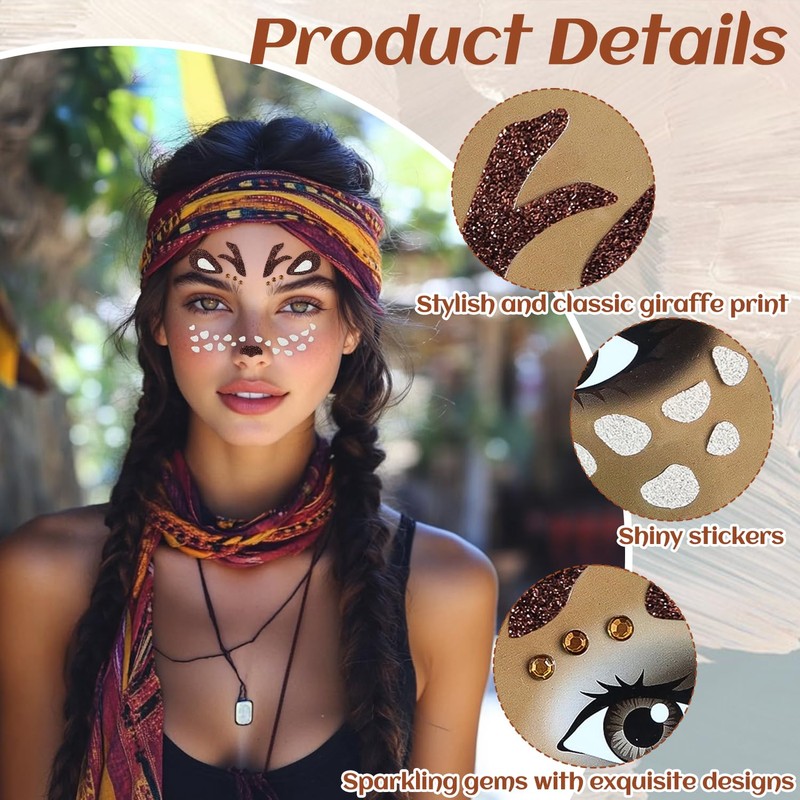 2 Sheets Waterproof Giraffe Face Stickers - Glitter Temporary Tattoos
