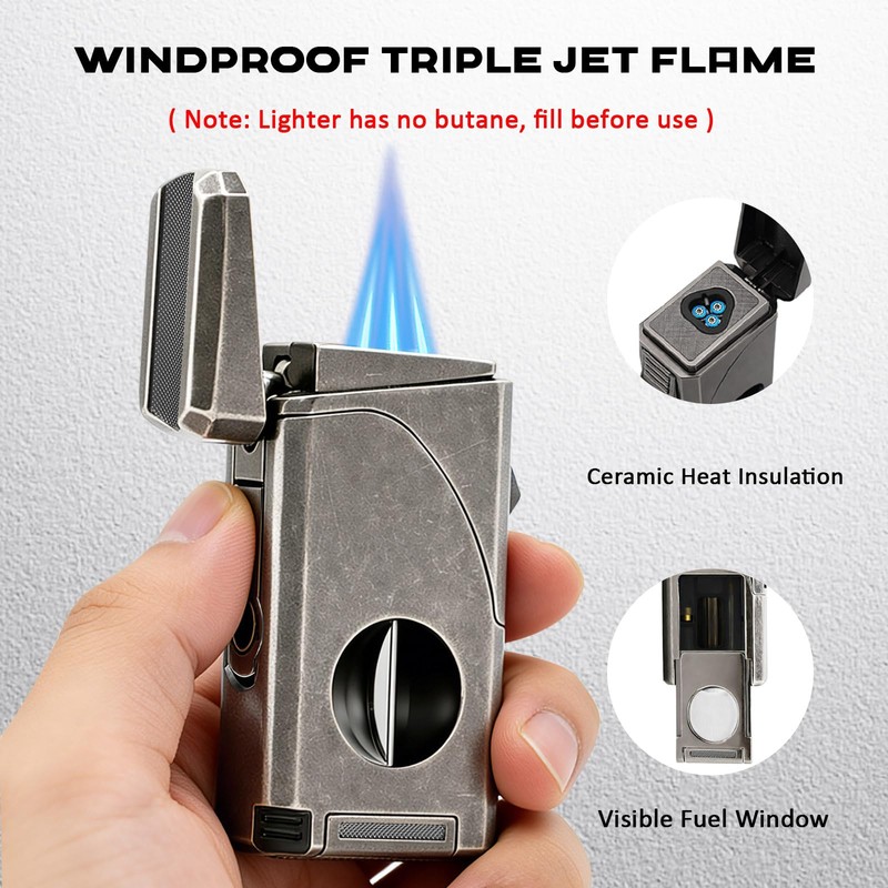 VloEssic 6-in-1 Triple Jet Butane Torch Lighter Built-in V &