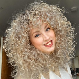 LONAI Curly Wig with Bangs for Women Long Ash Blonde Kinky Wigs with Bangs WIG006 Curly Shag Synthetic Wig for Daily Use Party Cosplay-Ash Blonde