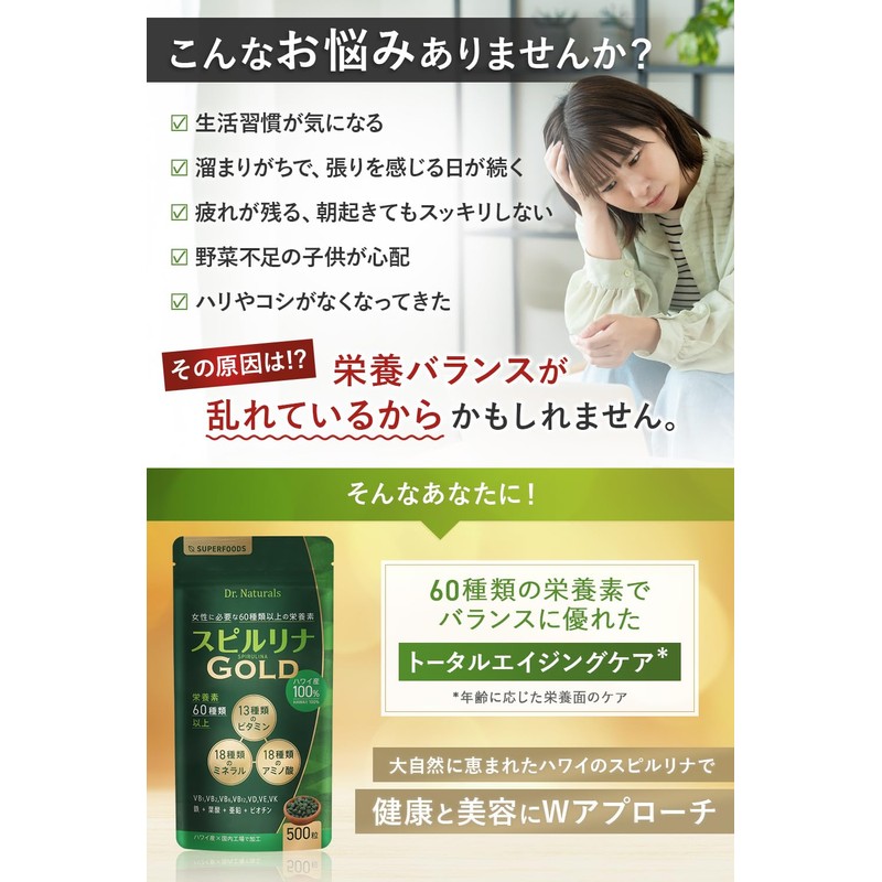 スピルリナゴールド ドクターナチュラルズ ハワイアン スピルリナ サプリ ハワイ産100% 500粒 マルチビタミン 鉄 葉酸