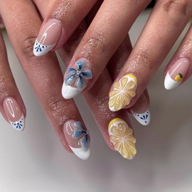 3D Flower Lemon Press on Nails White French Tip Fake Nails Short Oval Acrylic Glue on Nail Glossy Full Cover Artificial Stick on Nail for Women DIY Manicure