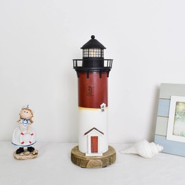 K KILIPES Wood Lighthouse Beach Decorations for Home, Battery Powered LED Lighthouse Night Light, 12.2" H Rustic Light House Replicas Sculpture Nautical Ocean Light House Figurines Table Top Decor