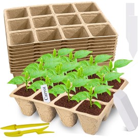 10 bandejas de Inicio para plántulas, bandejas de germinación biodegradables para Plantas de semillero, 2 Palas de trasplante 100 Etiquetas para Plantas, bandejas de Arranque para Plantas, Frutas