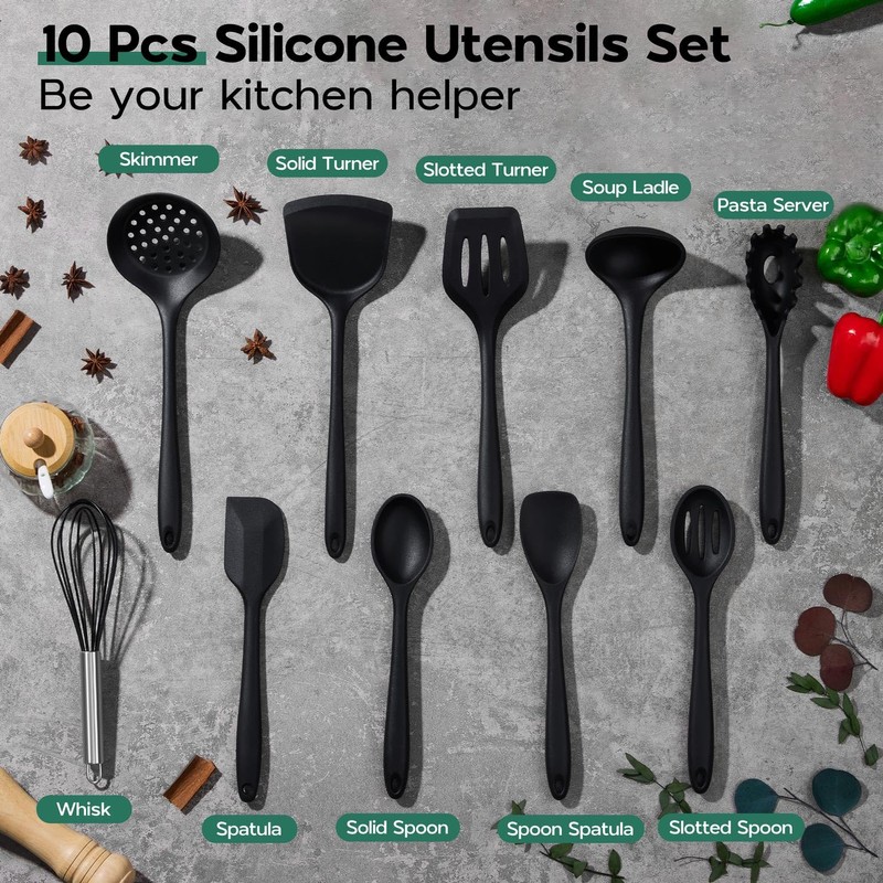 Onader Silicone Cooking Utensils Set, 10 Pieces Black Kitchen Utensils