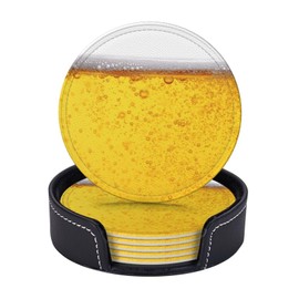 Novelty Beer Bubble Coasters for Drinks Round Leather Coaster with Holder Set of 6 for Tabletop Protection Desk Accessories Office Home Room Decor