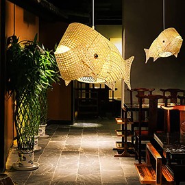 MIXL- Fish-Shaped Lantern Pendant Lighting, Bamboo Fish Chandelier, Natural Weaving Wicker Ceiling Hanging Light for Dining Room Living Room Restaurant&Kitchen Island Light
