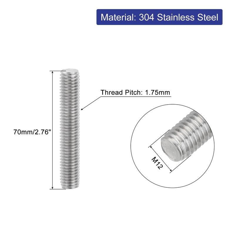 QUARKZMAN Pack of 3 Fully Threaded Spindle, M12 x 70