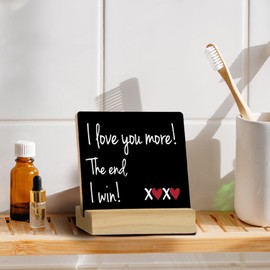 QASHWEY I Love You More the End I Win Wood Plaque Sign Desk Decor, Gifts for Girlfriend Boyfriend, I Love You Gifts for Him Her,Romantic Black Wood Plaque Sign Desk Decor with Wooden Stand for Home Office