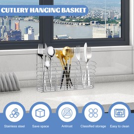 LSCSJUNS Stainless Steel Cutlery Hanging Basket for Knife Fork Spoon Quick Drying Compartmental Utensil Drainage Rack Rustproof Hollow with Hooks Out Utensil Drying Basket for Kitchen
