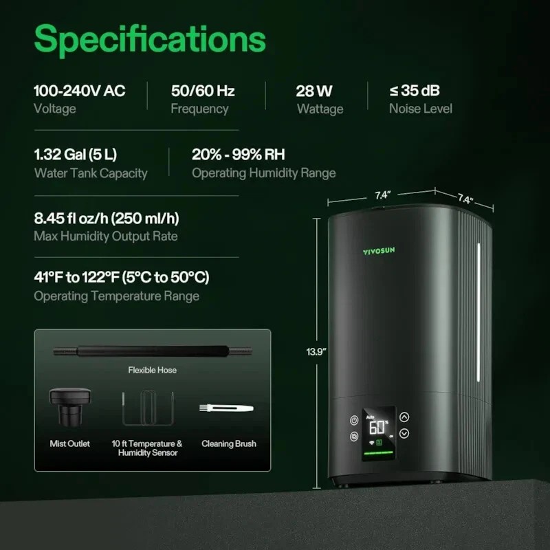 VIVOSUN H05 1.32Gal / 5L Environmental Air Humidifier Wi-Fi for