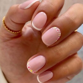 RIICFDD Spring Press on Nails Pink Fake Nails Short Square False Nails White French Tip Nails Mini Floral Stick on Nails Full Cover Simple Style Spring Summer Glue on Nails for Women 24 Pcs