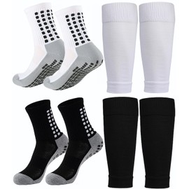 2 Set Soccer Grip Socks,Shin Guard Sleeves for Football Basketball for Men and Women One Size (2 Set (Black+White))