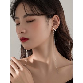 SLUYNZ 925 Sterling Silver CZ Bar Studs 6.4inch Long Chain Earrings Dangle for Women Asymmetric Tassel Earrings Chain Backs